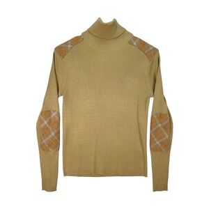 A Line Turtleneck Sweater Womens Small Tan Ribbed Plaid Elbow Patch Preppy Top